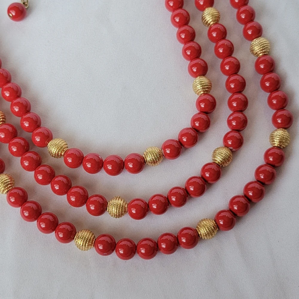 Talbots Signed Red and Gold Three Strand Beaded Necklace